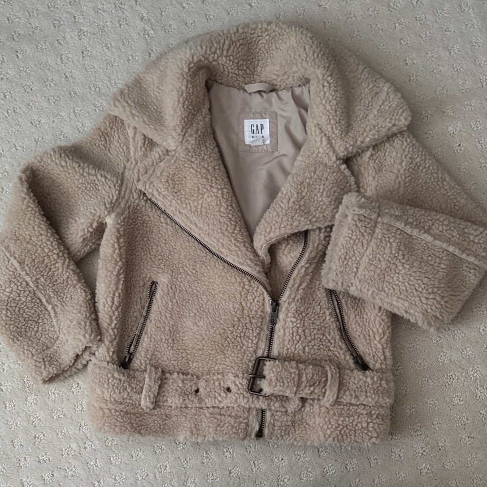 GAP Beige Kids Size S Sherpa Jacket with Zipper and Belt